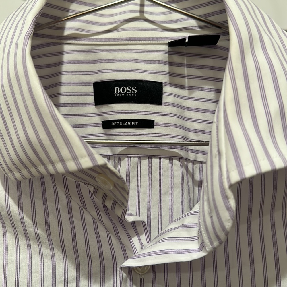 Hugo Boss purple and white striped button-down shirt with v cute cuff detail
